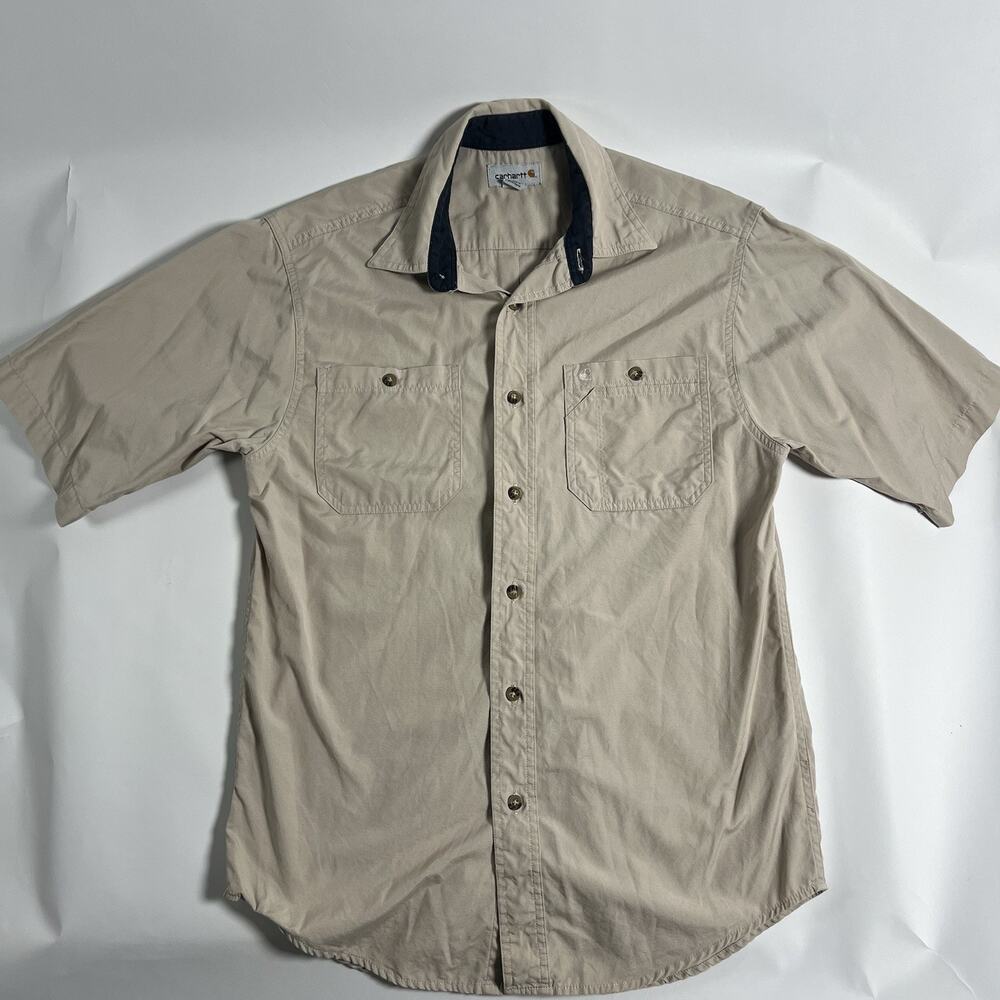 Carhartt S210 Men's Beige Solid Woven Cotton Button-Up SS Pockets M Regular